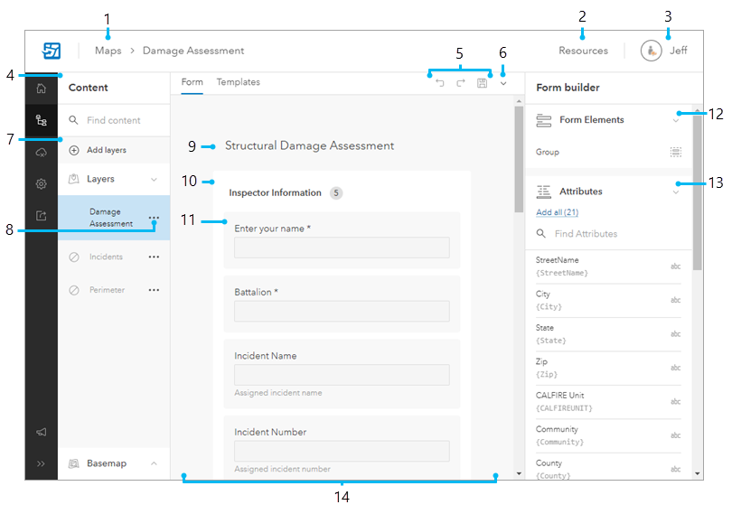 Content page showing the form builder Content page showing the form builder